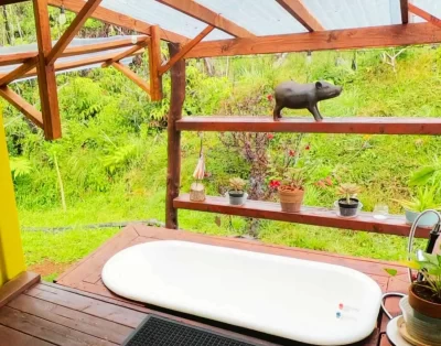 Outdoor bath area at the eco-friendly vacation rental, Da Fire Farm, in Volcano, Hawaii