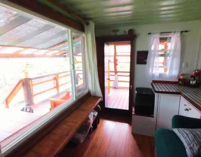 Entry area of the tiny eco-friendly vacation rental at Da Fire Farm in Volcano, Hawaii