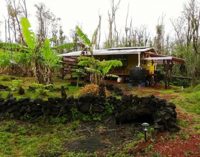 Side view of the tiny eco-friendly vacation rental at Da Fire Farm in Volcano, Hawaii