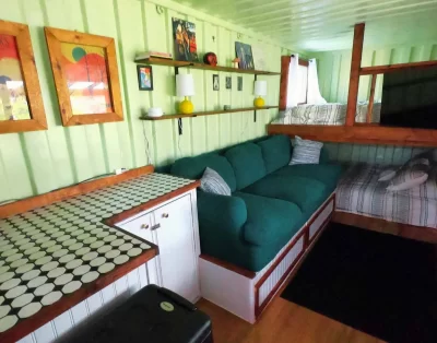 Interior view of the tiny eco-friendly vacation rental at Da Fire Farm in Volcano, Hawaii