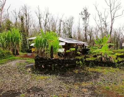 Parking area at the tiny eco-friendly vacation rental at Da Fire Farm in Volcano, Hawaii